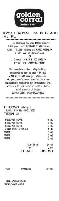 Golden Coral receipt template image