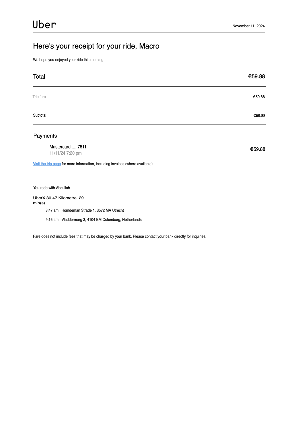 Uber ride receipt template Euro