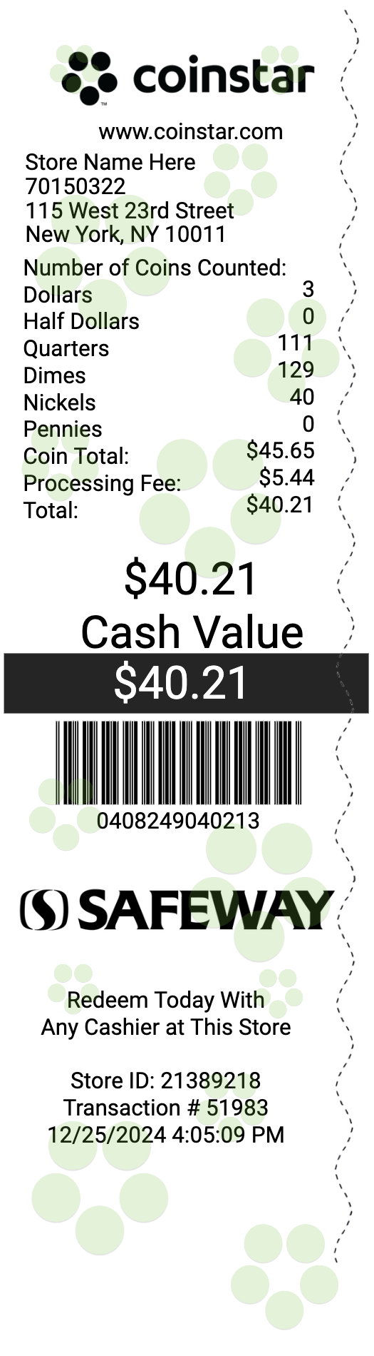 Coinstar receipt template