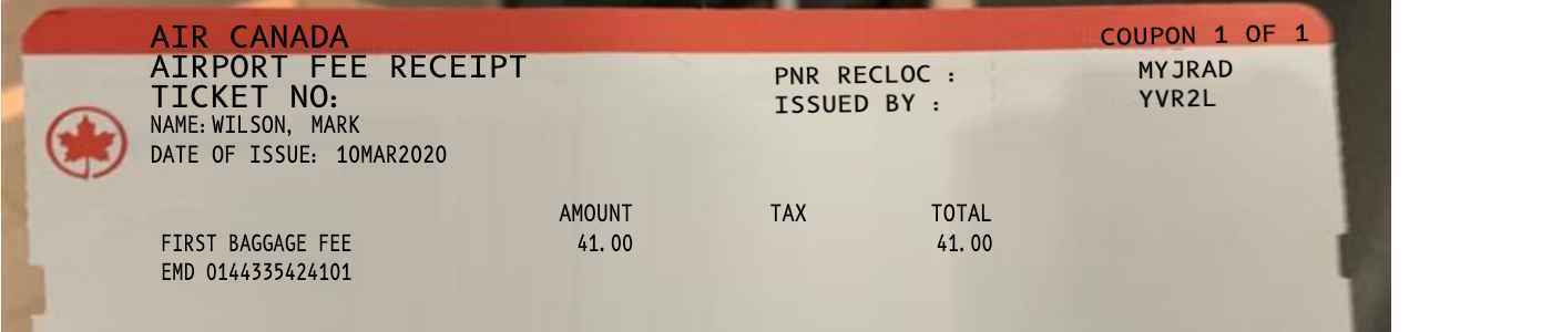 AIR Canada baggage receipt image
