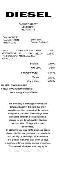 Diesel brand clothing receipt template image