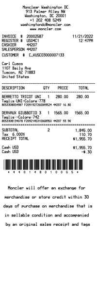 Moncler receipt template image