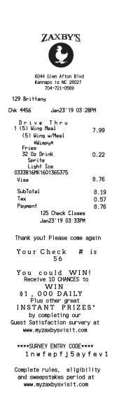 Zaxby's receipt template image