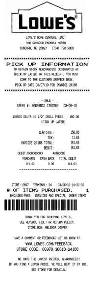 Lowes Home Center - Credit card receipt image