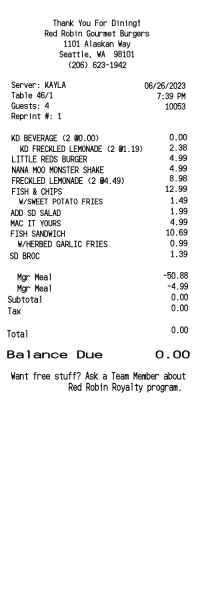 Red Robin receipt template image