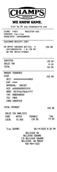 Champs Sports receipt template image