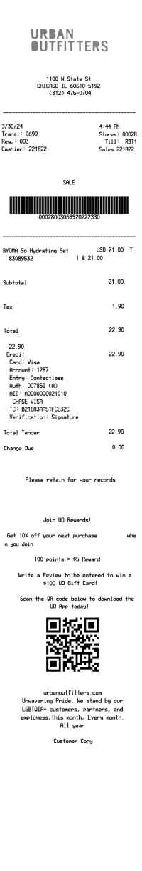 Urban Outfitters receipt template image