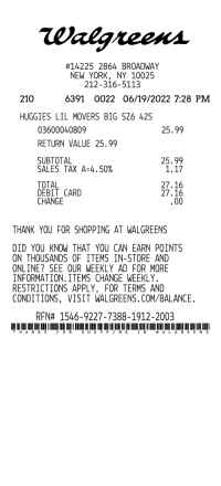 Walgreens Huggies receipt image