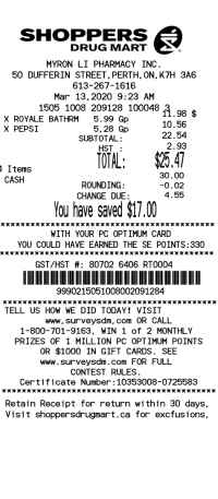Shoppers Drug Mart receipt template image