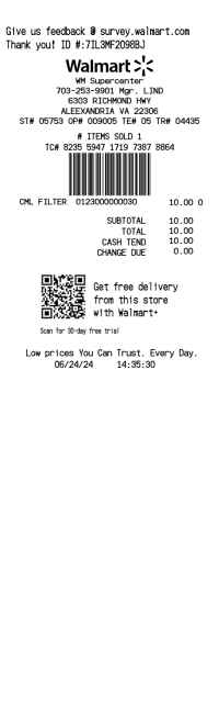 Walmart receipt cash payment image
