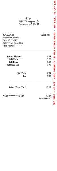 Arbys receipt template