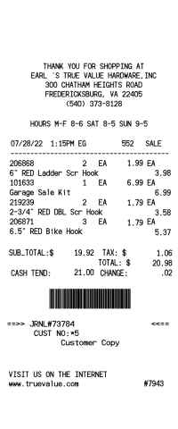 True Value Hardware receipt template