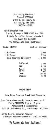 Hardees receipt template