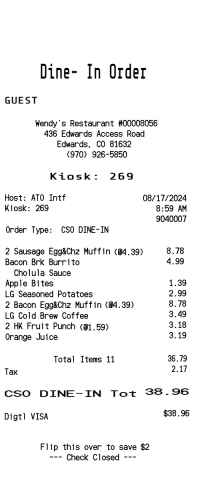 Wendys receipt template Dine In