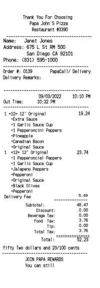 Papa Johns pizza receipt template