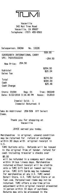 TUMI bags receipt template