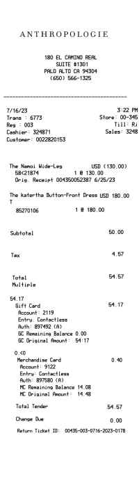 Anthropologie receipt template