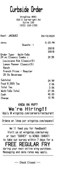 WingStop receipt