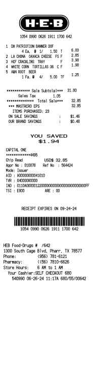 HEB food and drug store receipt template image