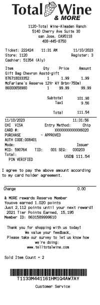 Total Wine receipt template