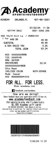 Academy Sports Outdoors receipt template