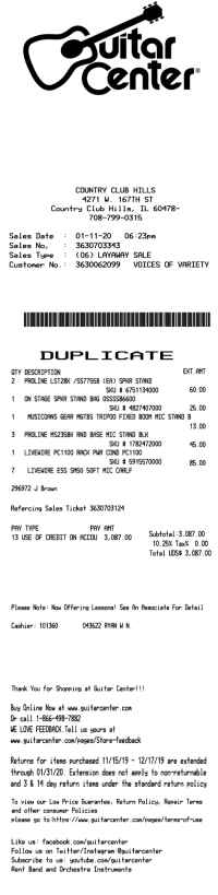 Guitar Center receipt 2 template image