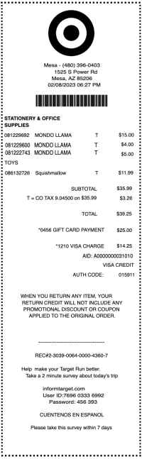 Target app receipt template