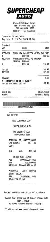 Supercheap Auto receipt template