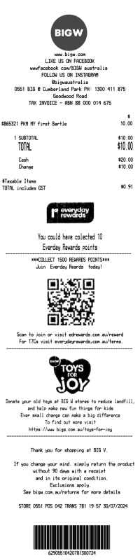 Big W receipt template Australia