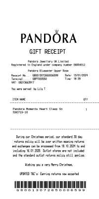 Pandora gift receipt template