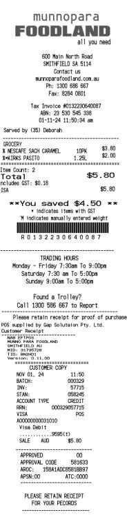 Foodland receipt template Australia