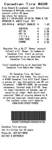 Canadian Tire receipt template