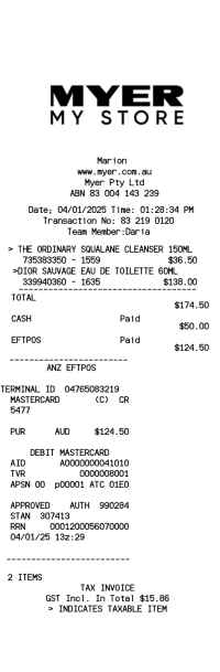 MYER receipt template image