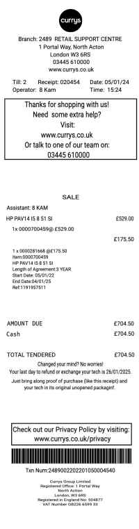 Currys UK receipt template