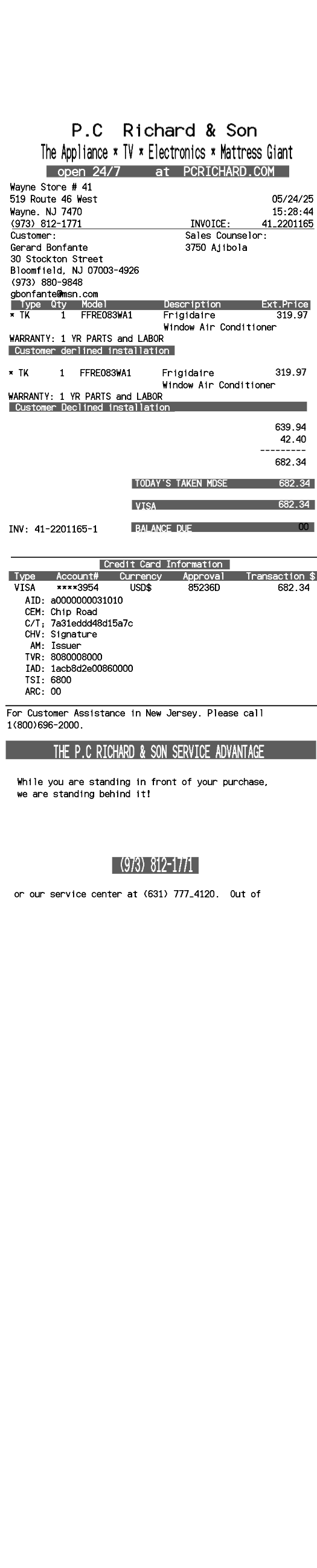 P.C. Richard  Son receipt template