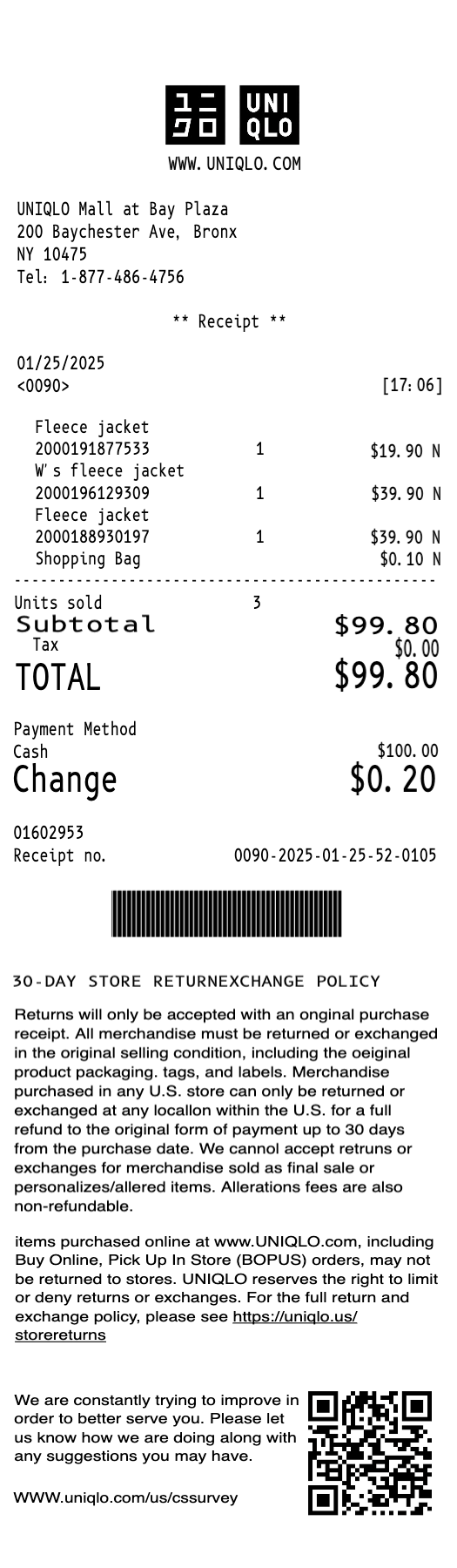 Uniqlo receipt template