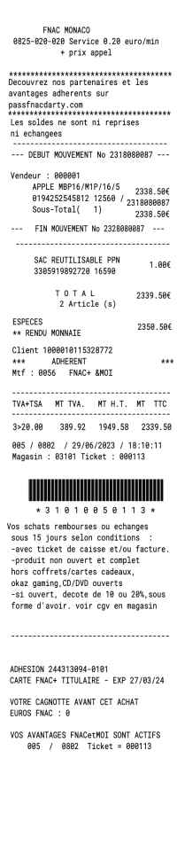 FNAC receipt template