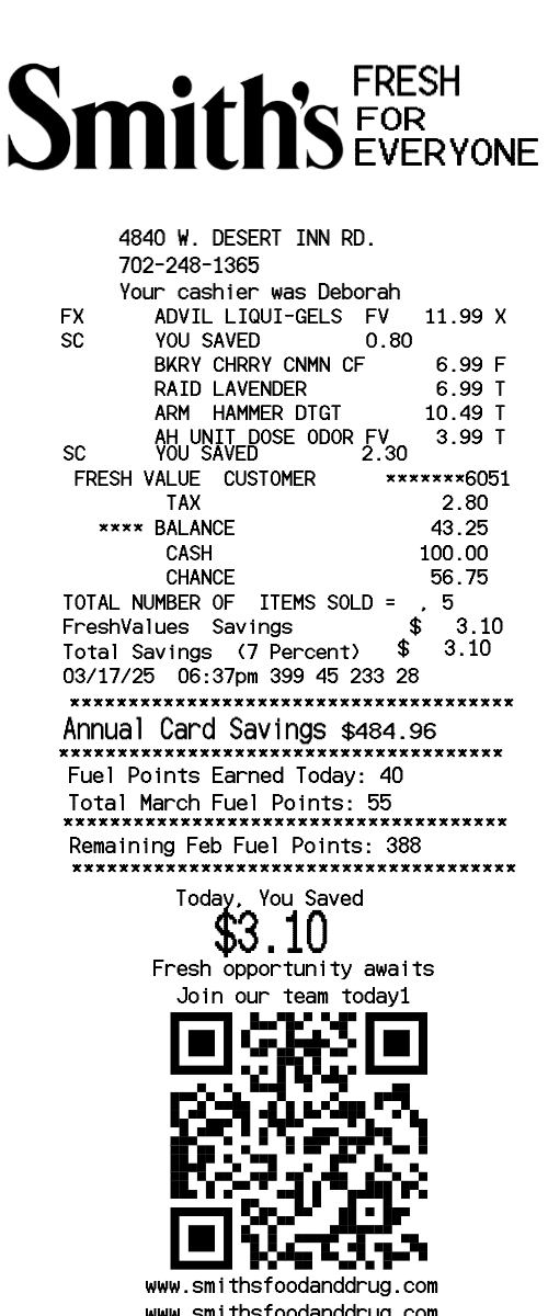 Smiths grocery receipt template
