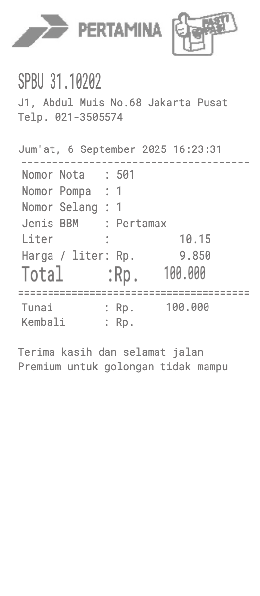Pertamina petro receipt template