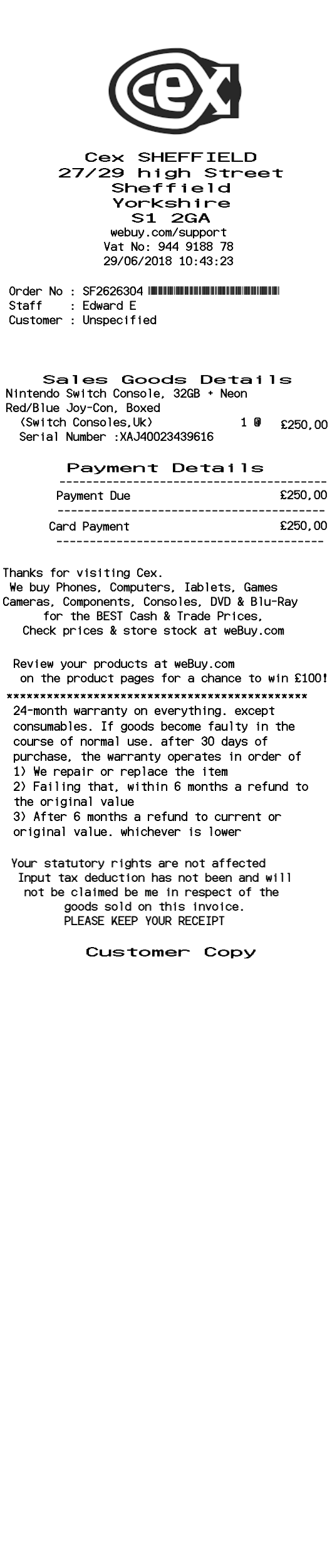 CeX UK retail phone games receipt