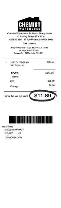 Chemist Warehouse receipt template