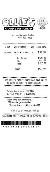 Ollies Bargain Outlet receipt template