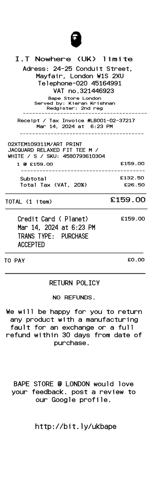 BAPE UK receipt template