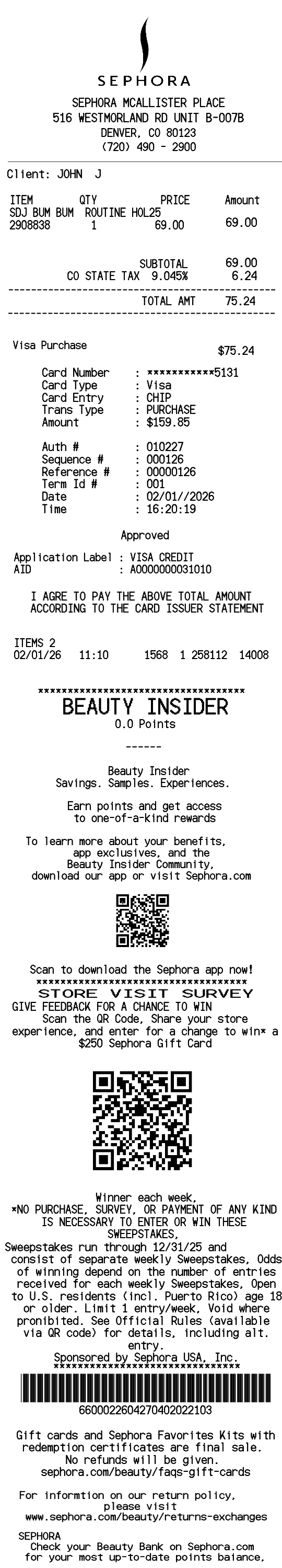 Sephora receipt template long