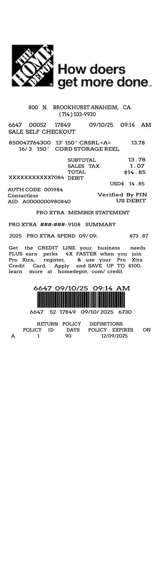 Home Depot PRO receipt template web