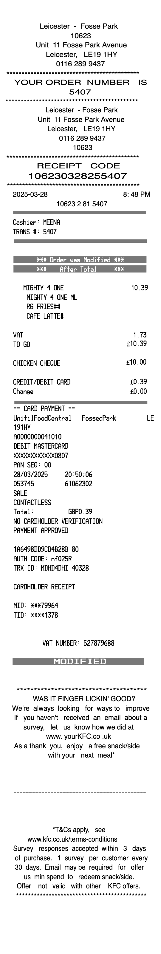 KFC UK receipt template