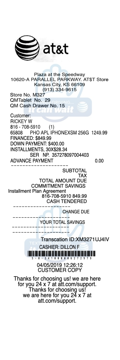 ATT Wireless receipt
