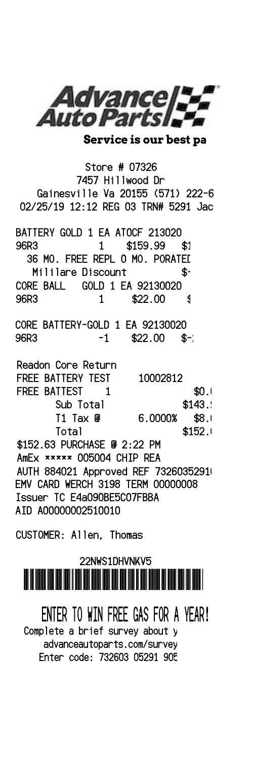 Advance Auto Parts receipt template