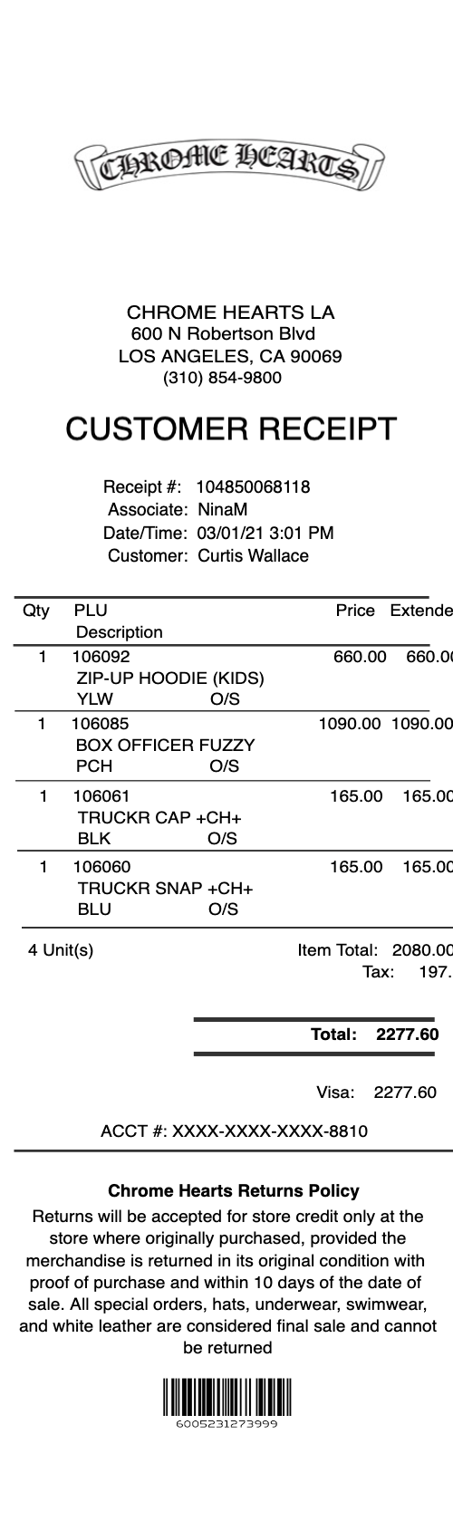 Chrome Hearts receipt template