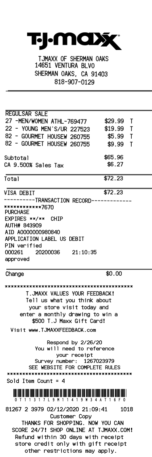 Homegoods TJMAXX receipt template